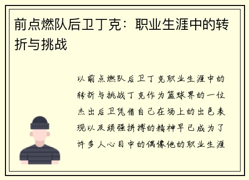 前点燃队后卫丁克：职业生涯中的转折与挑战