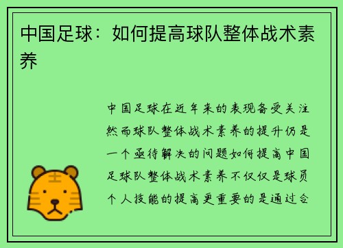 中国足球：如何提高球队整体战术素养
