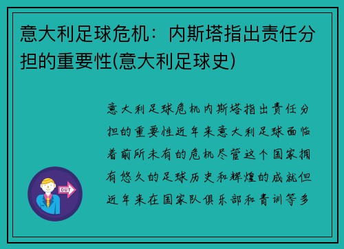 意大利足球危机：内斯塔指出责任分担的重要性(意大利足球史)