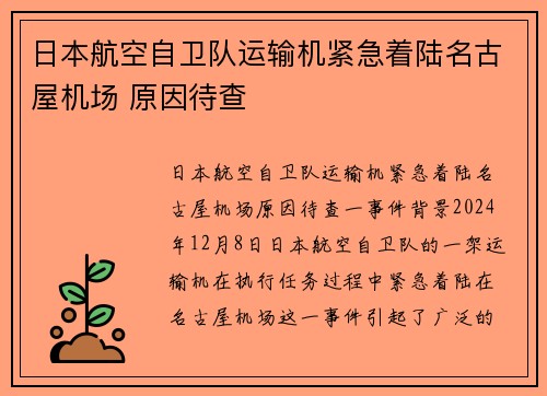 日本航空自卫队运输机紧急着陆名古屋机场 原因待查
