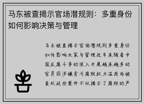 马东被查揭示官场潜规则：多重身份如何影响决策与管理