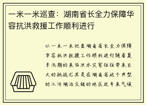 一米一米巡查：湖南省长全力保障华容抗洪救援工作顺利进行