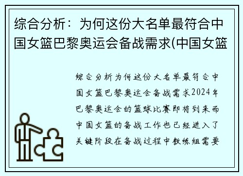 综合分析：为何这份大名单最符合中国女篮巴黎奥运会备战需求(中国女篮奥运会8强对手)