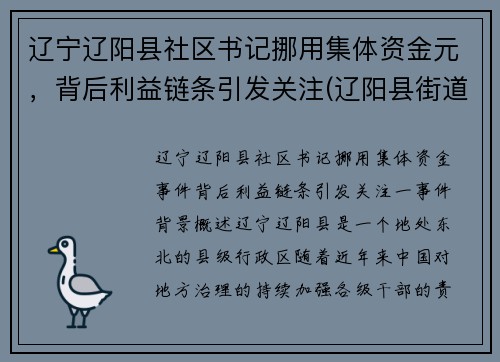 辽宁辽阳县社区书记挪用集体资金元，背后利益链条引发关注(辽阳县街道)