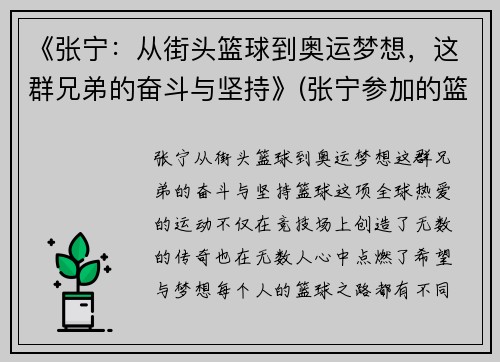 《张宁：从街头篮球到奥运梦想，这群兄弟的奋斗与坚持》(张宁参加的篮球节目)